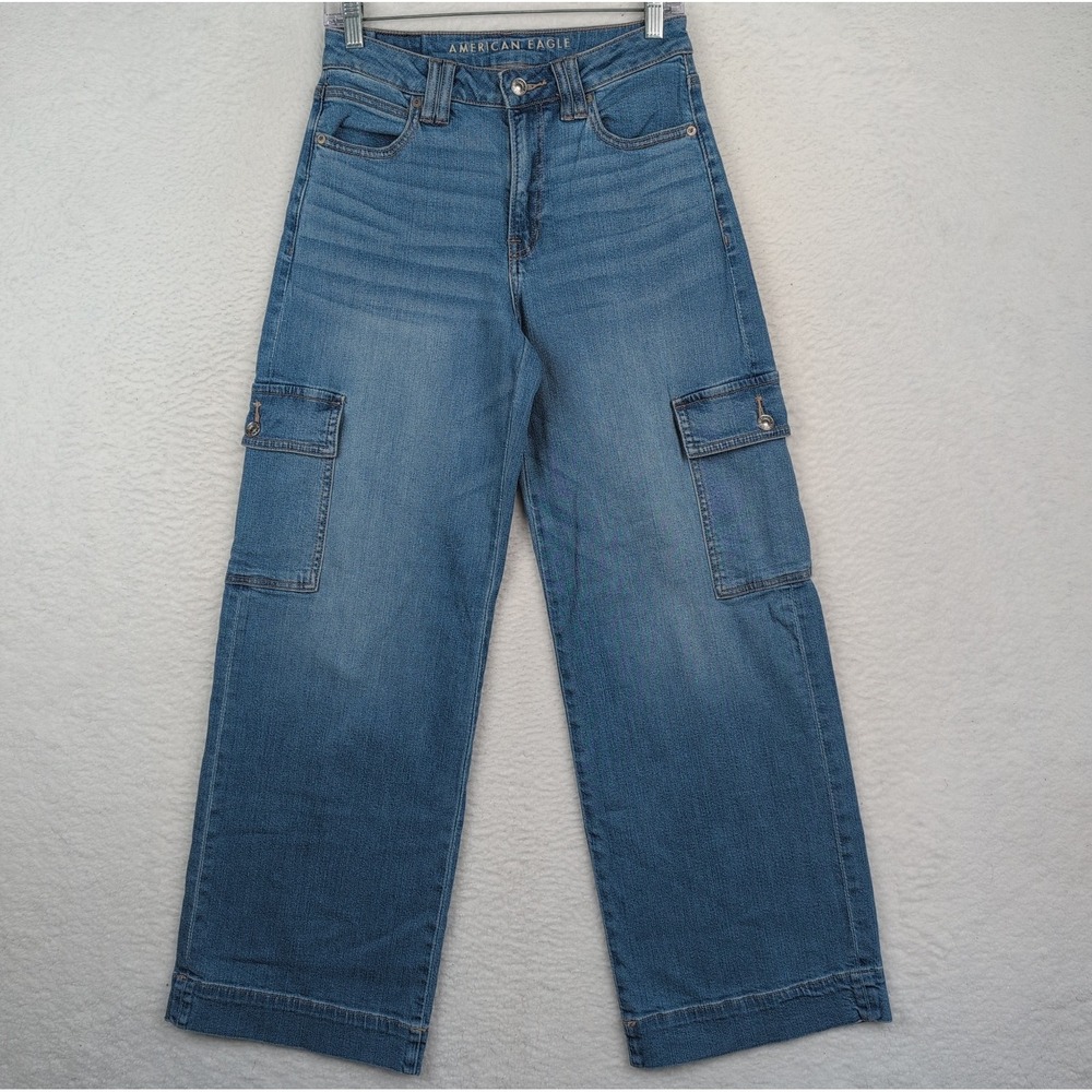American Eagle Jeans Women's Size 2 Super High Rise Baggy Wide Leg Cargo Stretch